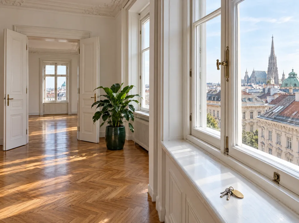 Leere Altbauwohnung mit Fischgrätparkett, Schlüssel auf dem Fensterbrett, Blick auf den Stephansdom