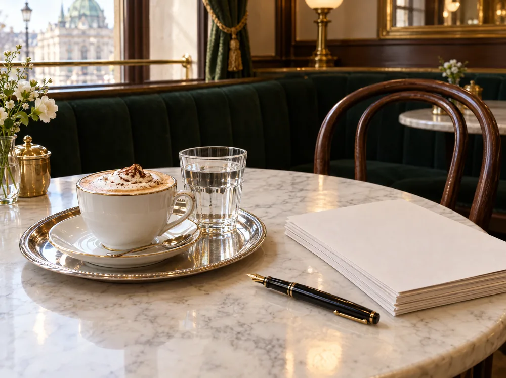 Wiener Melange, Füllfeder und Unterlagen auf einem Marmortisch im Kaffeehaus