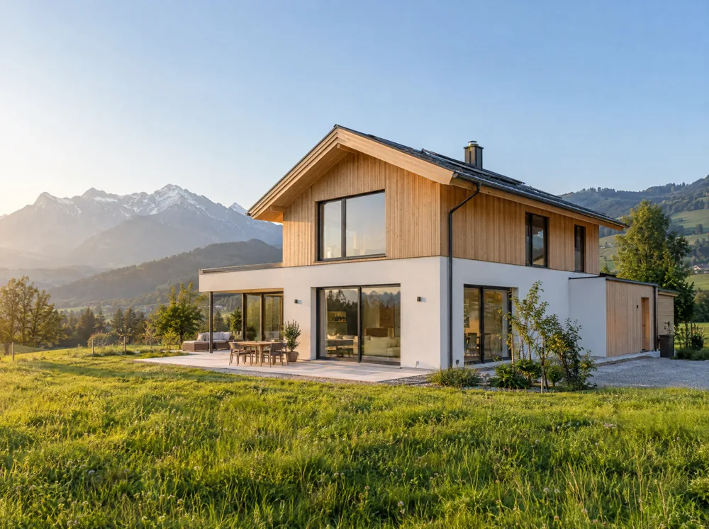Neues Einfamilienhaus auf einer Wiese vor den Alpen