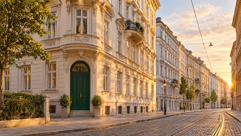 Wiener Straßenecke im Abendlicht mit Gründerzeithäusern, grüner Haustür und Straßenbahnschienen